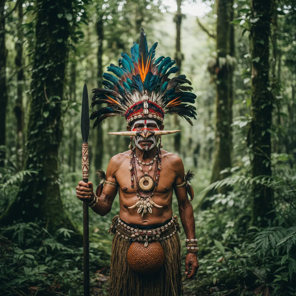 Traditional Papuan tribe elder ceremonial regalia Bird of Paradise headdress