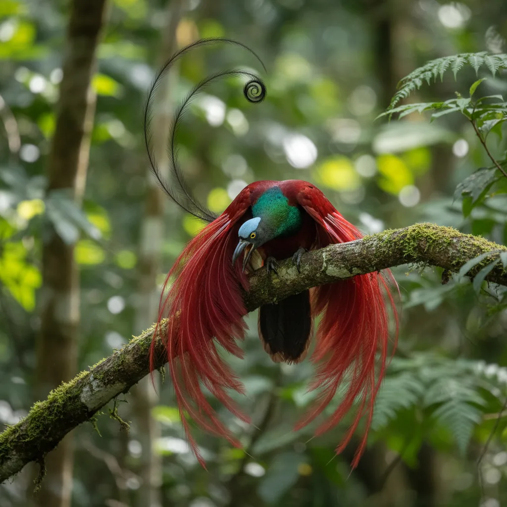 Red Bird of Paradise male full display Waigeo island Raja Ampat