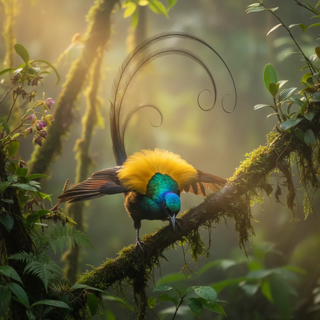 Magnificent Bird of Paradise male courtship ritual Papua highland forest