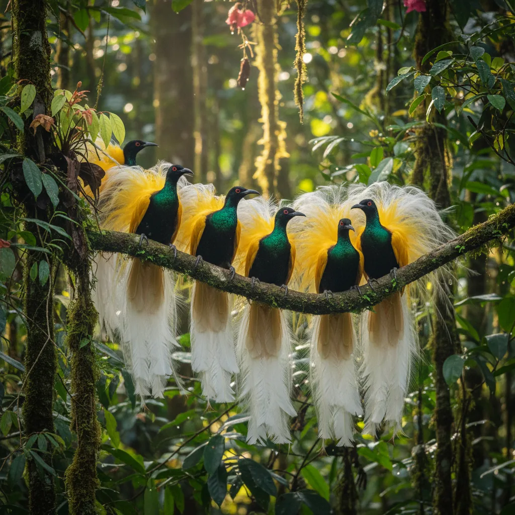 Lesser Bird of Paradise males lek display Papua rainforest canopy