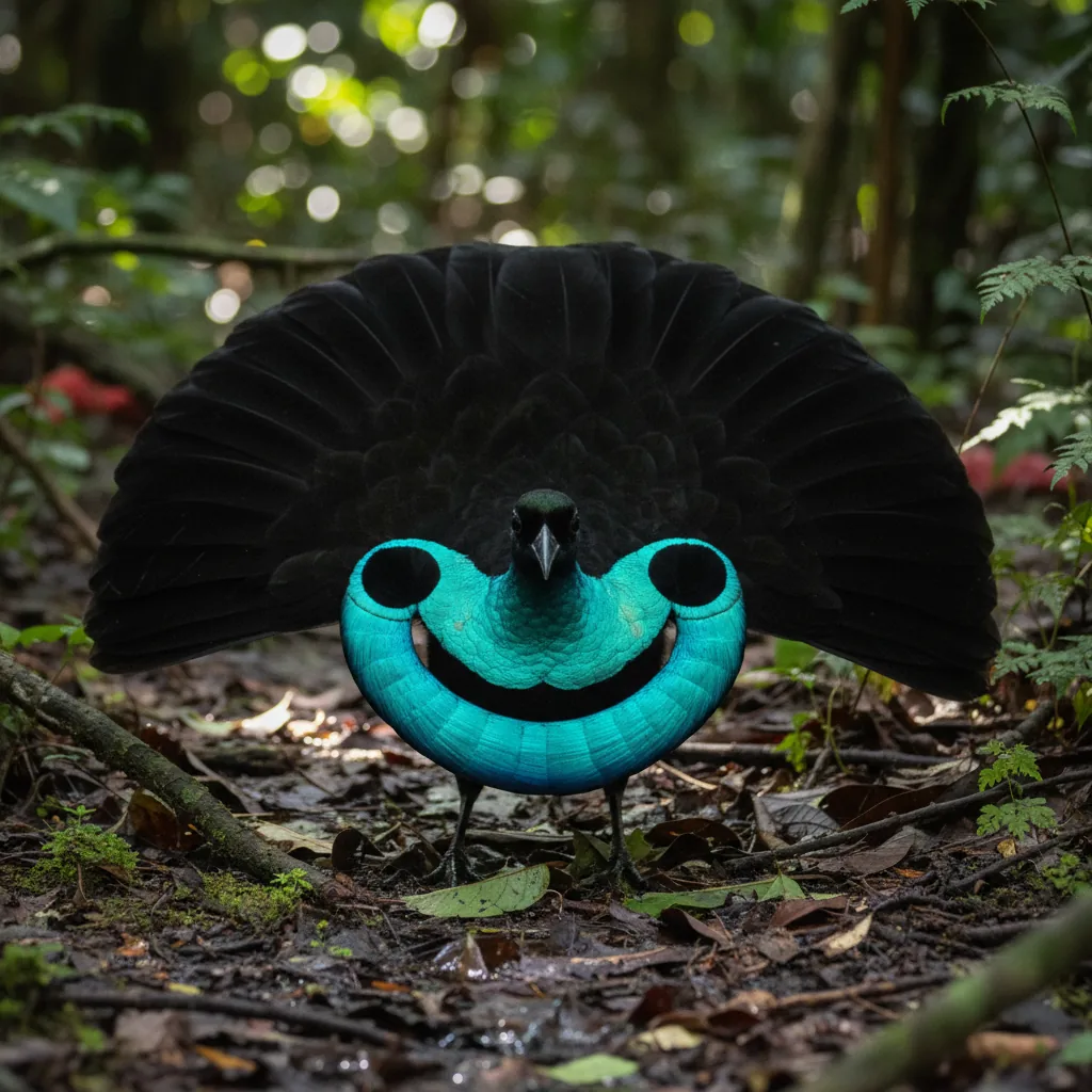 Superb Bird of Paradise smiley face courtship display Papua forest