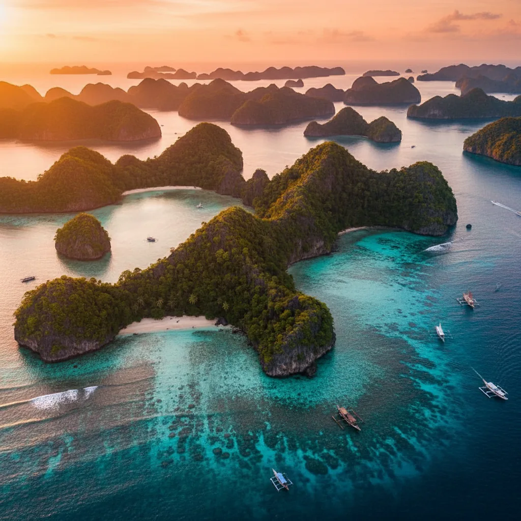 Aerial view Raja Ampat archipelago golden hour - Papua Bird of Paradise luxury tours