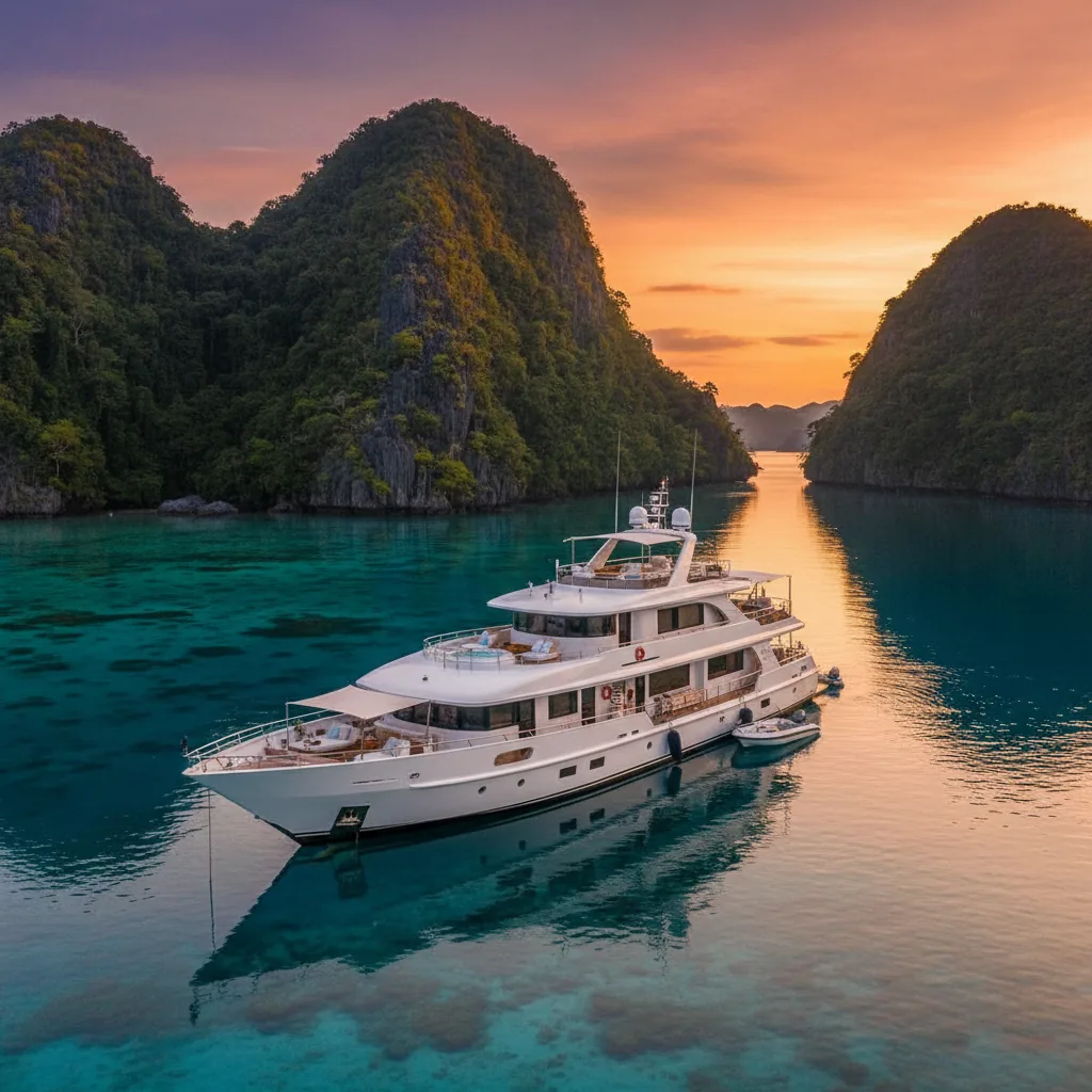 Luxury liveaboard yacht anchored sunset Raja Ampat West Papua